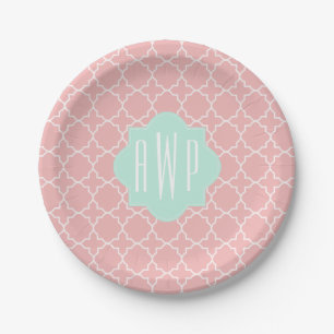 Blue + Coral Monogram Quatrefoil Paper Plate