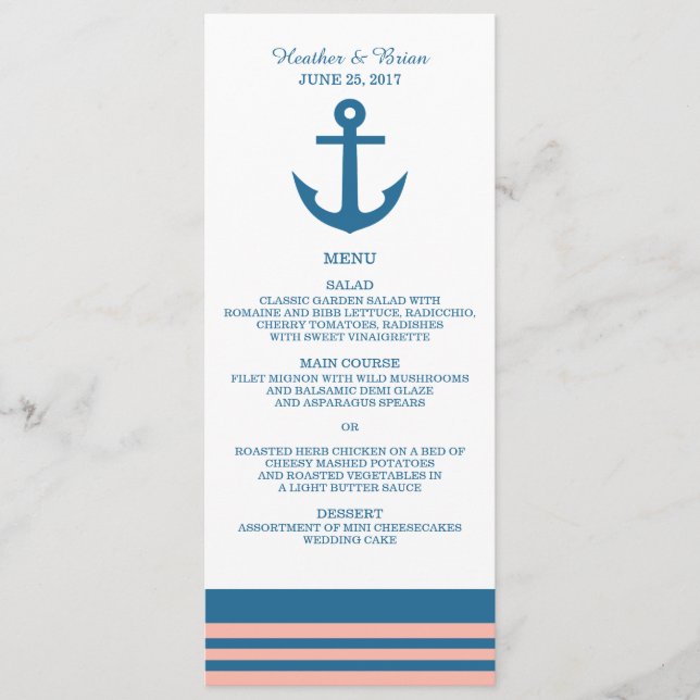 Blue Coral Nautical Anchor Wedding Menu (Front)