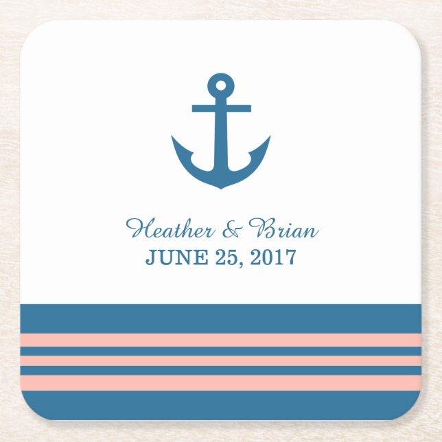 Blue Coral Nautical Anchor Wedding Paper Coasters (Front)