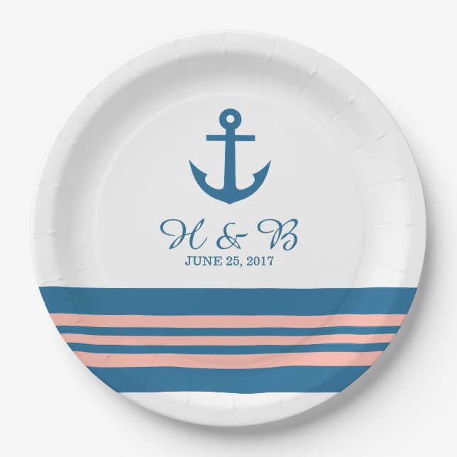 Blue Coral Nautical Anchor Wedding Paper Plates (Front)