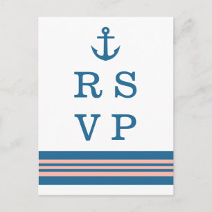 Blue Coral Nautical Anchor Wedding RSVP Postcard