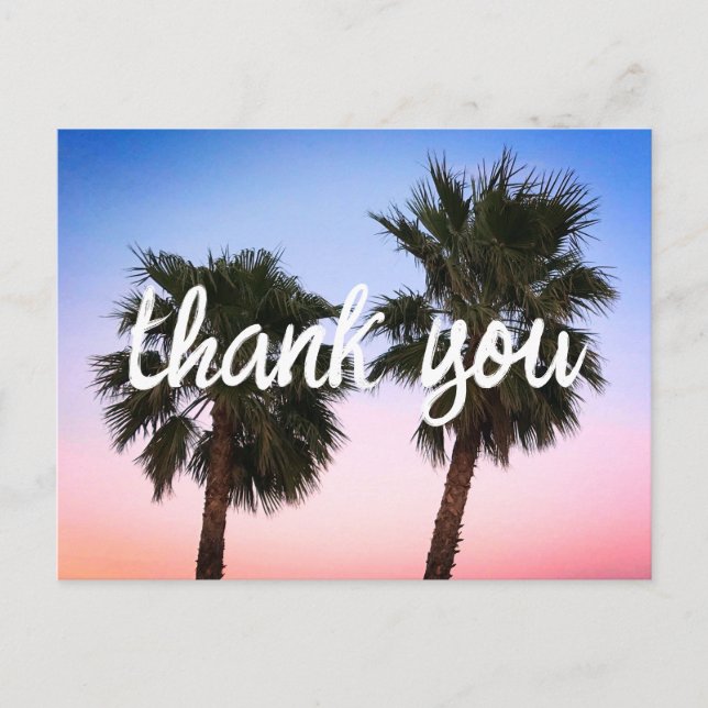Blue Coral Ombre Sunset Palm Trees Thank You Postcard (Front)
