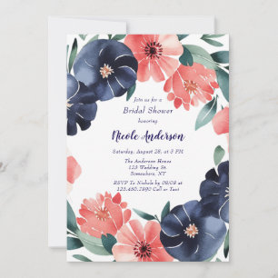 Blue & Coral Paint Bouquet Bridal Shower Invitation