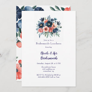 Blue & Coral Paint Bouquet Bridesmaids Luncheon Invitation