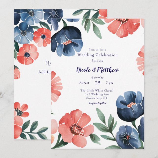 Blue & Coral Painted Bouquet Wedding Celebration Invitation (Front/Back)