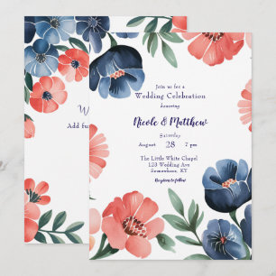 Blue & Coral Painted Bouquet Wedding Celebration Invitation