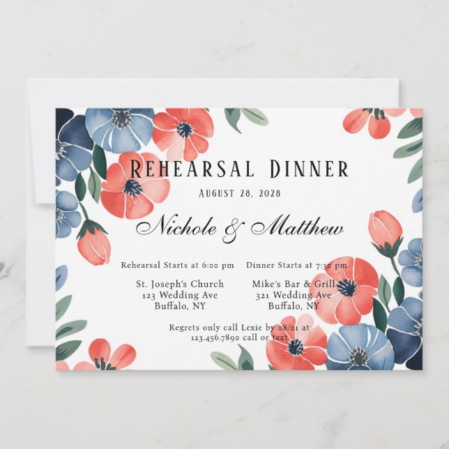 Blue & Coral Painted Florals Rehearsal Dinner Invitation (Front)