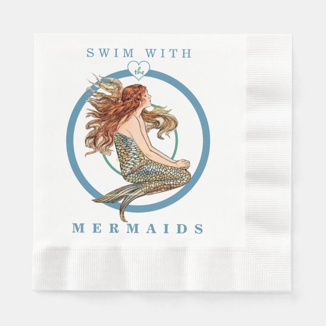 Blue Coral Peach Adorable Mermaid Birthday Party Napkin (Front)