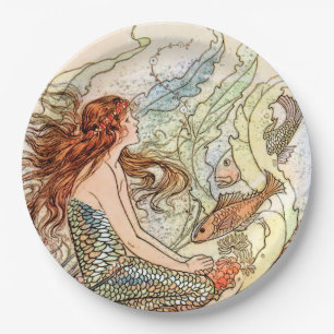 Blue Coral Peach Adorable Mermaid Birthday Party Paper Plate