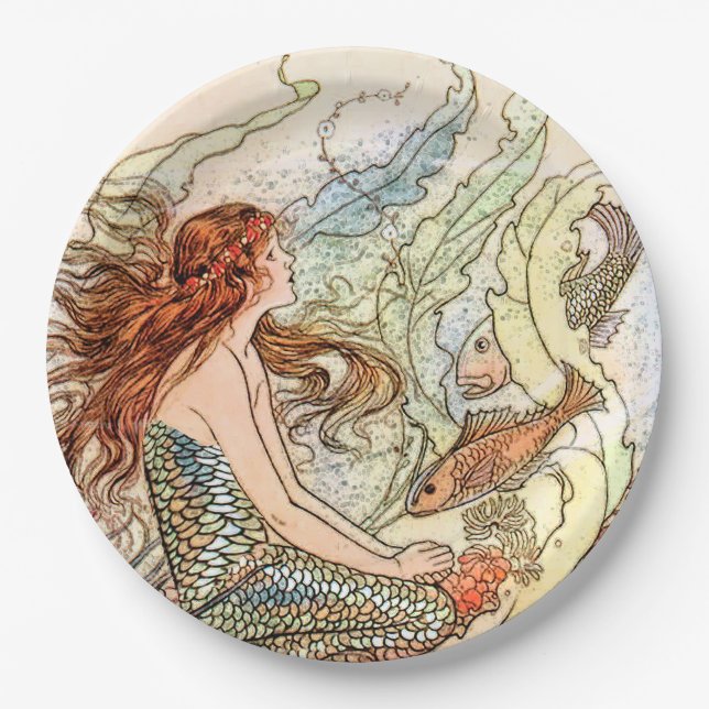 Blue Coral Peach Adorable Mermaid Birthday Party Paper Plate (Front)