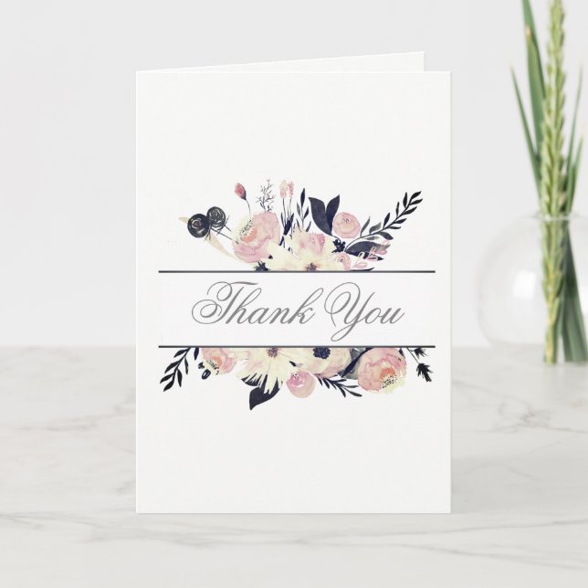 Blue Coral Pink Floral Spring Wedding thank you Card (Front)