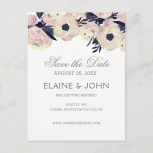 Blue & Coral Pink Floral wedding save the dates Announcement Postcard