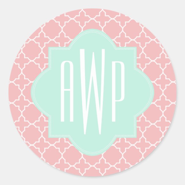 Blue + Coral Quatrefoil Monogram Classic Round Sticker (Front)