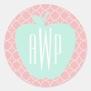 Blue + Coral Quatrefoil Monogram Teacher Classic Round Sticker