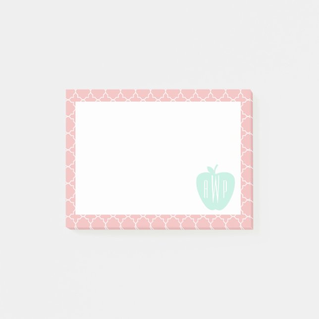 Blue + Coral Quatrefoil Monogram Teacher Post-it Notes (Front)