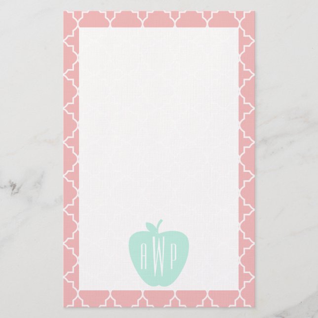 Blue + Coral Quatrefoil Monogram Teacher Stationery (Front)