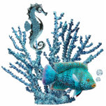 Blue Coral Reef Ornament Photo Sculpture Decoration<br><div class="desc">Acrylic photo sculpture ornament of blue coral sheltering a gleaming blue seahorse and a beautiful blue fish with light blue topaz air bubbles. See matching acrylic photo sculpture pin,  keychain,  magnet and sculpture. See the entire Under the Sea Ornament collection in the SPECIAL TOUCHES | Party Favours section.</div>
