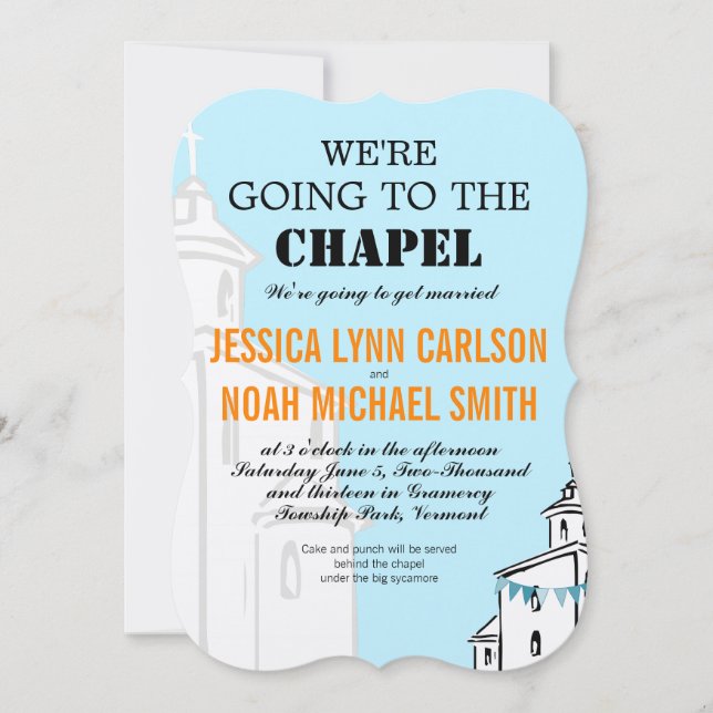 Blue Coral Retro We're going to the Chapel Wedding Invitation (Front)