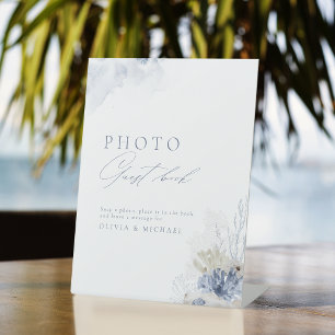 Blue Coral & Seashells Beach Photo Guest Book Pedestal Sign