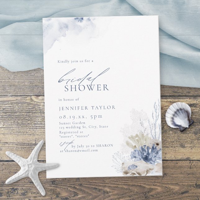 Blue coral & seashells beach themed Bridal Shower Invitation (Blue coral & seashells beach themed Bridal Shower Invitation)