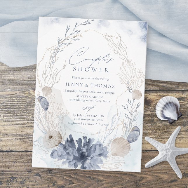 Blue Coral & Seashells Beach Themed Couples Shower Invitation (Blue Coral & Seashells Beach Themed Couples Shower Invitation)