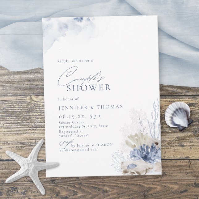 Blue Coral & Seashells Beach Themed Couples Shower Invitation (Blue Coral & Seashells Beach Themed Couples Shower Invitation)