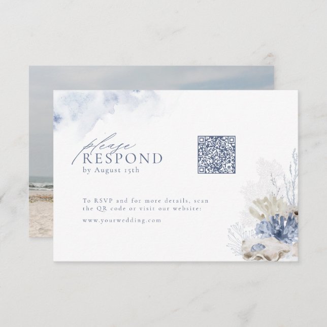 Blue coral & seashells beach wedding QR code  RSVP Card (Front/Back)