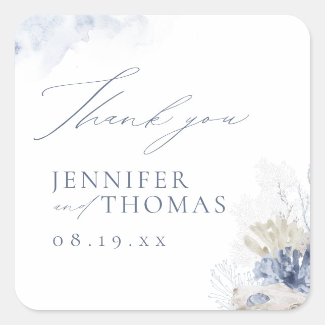 Blue Coral & Seashells Beach Wedding Thank You Square Sticker (Front)
