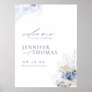 Blue Coral & Seashells Beach Wedding Welcome Sign