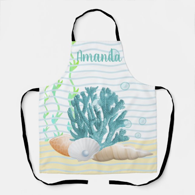 Blue Coral, Seashells & Blue Pearl Apron (Front)