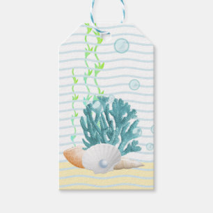 Blue Coral, Seashells & Blue Pearl Throw Pillow Gift Tags
