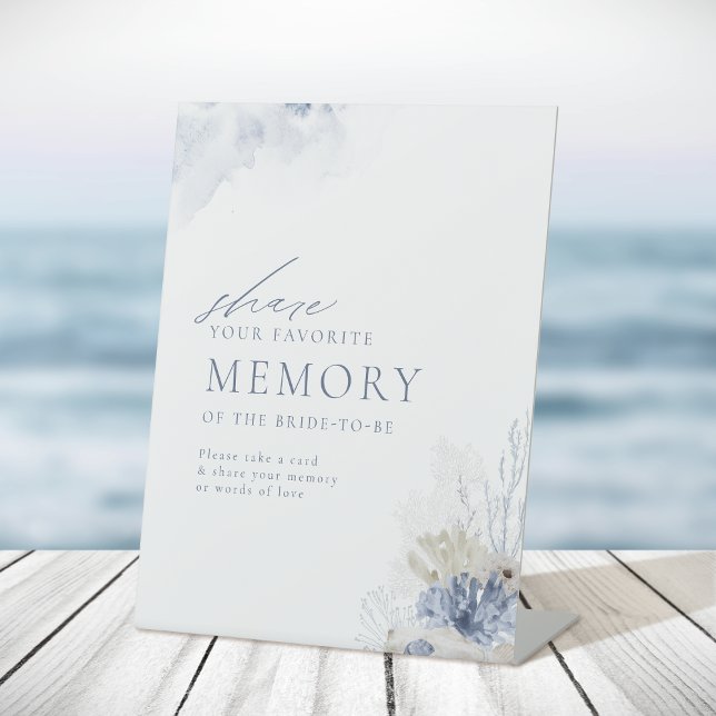 Blue Coral Seashells share a memory bridal shower Pedestal Sign (Blue Coral Seashells share a memory bridal shower Pedestal Sign)