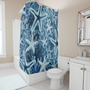 Blue Coral Starfish Beachy Pattern Shower Curtain