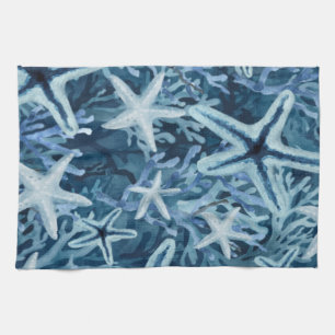 Blue Coral Starfish Beachy Pattern Tea Towel