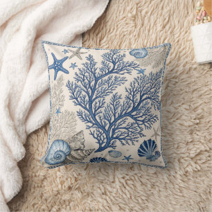 Blue Coral Throw Pillow – Coastal Ocean Pattern 