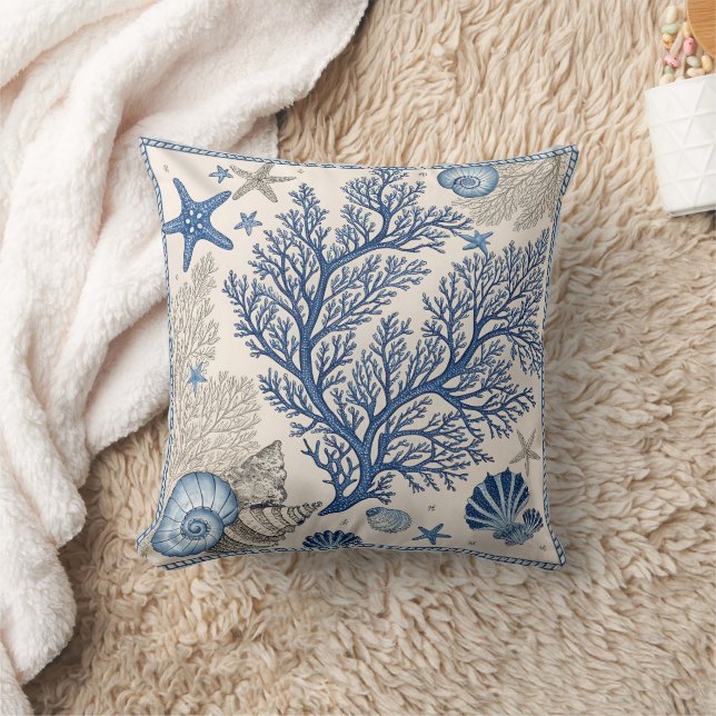 Blue Coral Throw Pillow – Coastal Ocean Pattern  (Blanket)