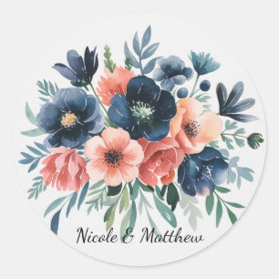 Blue & Coral Watercolor Bouquet Wedding Classic Round Sticker