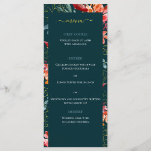 Blue Coral Watercolor Floral Elegant Wedding Menu