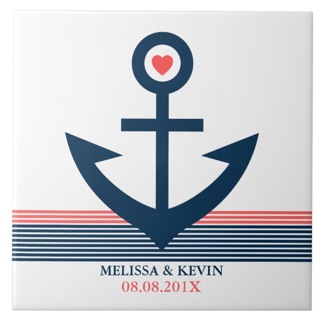 Blue Coral & White nautical Boat Anchor & Stripes Tile (Front)