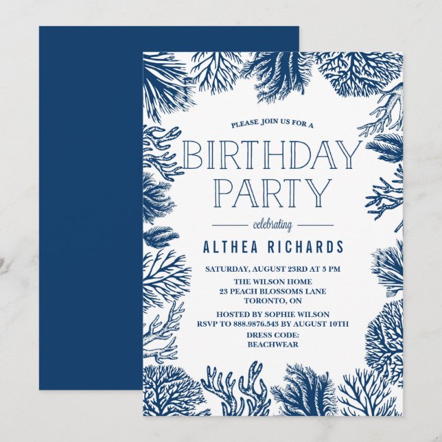 Blue Corals Frame Summer Birthday Party Invitation (Front/Back)