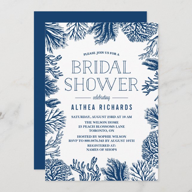 Blue Corals Frame Summer Bridal Shower Invitation (Front/Back)