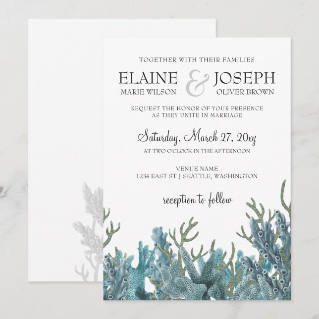 Blue Corals Under The Sea Wedding Invitation (Front/Back)