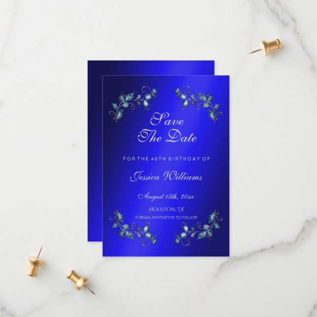 Blue Corner Gem Floral Jewels Birthday Save The Date (Front/Back In Situ)