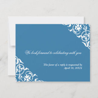Blue corner scroll wedding enclosure RSVP response Invitation