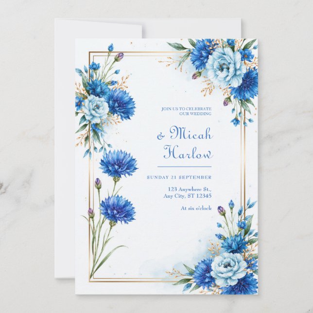 Blue Cornflower Botanical Wedding Invitation (Front)