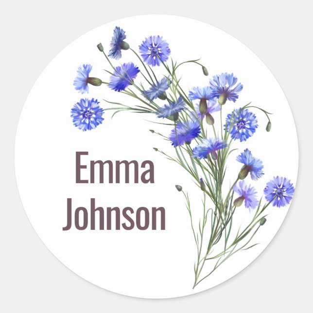 Blue Cornflower Bouquet on White  Classic Round Sticker (Front)