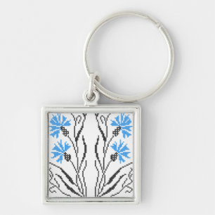 Blue Cornflower cross-stitch design Key Ring