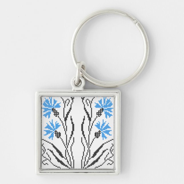 Blue Cornflower cross-stitch design Key Ring (Front)