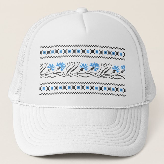 Blue Cornflower cross-stitch design Trucker Hat (Front)