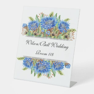 Blue Cornflower Diamond Bling Wedding  Pedestal Sign
